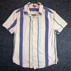 Guess Button Down Shirt Mens Small Cream Blue Striped Short Sleeve (READ)